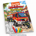 KI-generierte Produktvisualisierung: Cover des Feuerwehr-Malbuchs Malalarm, Band 1, vor weißem Hintergrund.