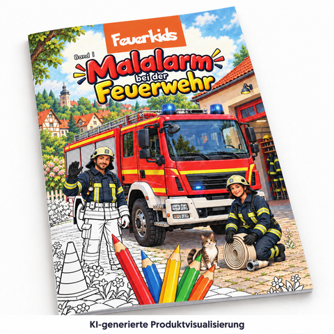 KI-generierte Produktvisualisierung: Cover des Feuerwehr-Malbuchs Malalarm, Band 1, vor weißem Hintergrund.