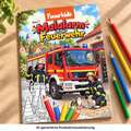 KI-generierte Produktvisualisierung: Malalarm bei der Feuerwehr, Band 1, auf einem Holztisch mit Buntstiften.