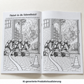 KI-generierte Produktvisualisierung: Suchbild-Doppelseite mit zehn Unterschieden und Feuerwehrleuten beim Hallenbrand.