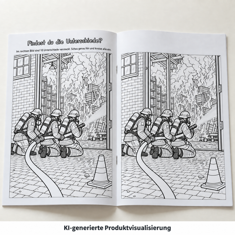 KI-generierte Produktvisualisierung: Suchbild-Doppelseite mit zehn Unterschieden und Feuerwehrleuten beim Hallenbrand.