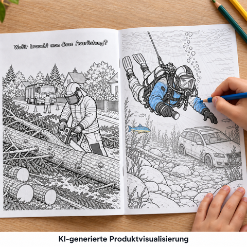KI-generierte Produktvisualisierung: Kinderhände malen einen Feuerwehrtaucher im geöffneten Malbuch Malalarm aus.