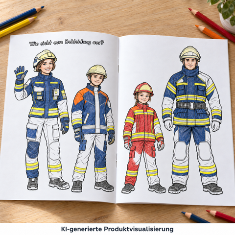 KI-generierte Produktvisualisierung: Teilweise ausgemalte Doppelseite mit vier Figuren in Feuerwehrbekleidung.