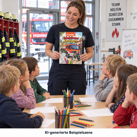KI-generierte Beispielszene: Eine Feuerwehrfrau zeigt sechs Kindern am Tisch das Malbuch Malalarm bei der Feuerwehr.